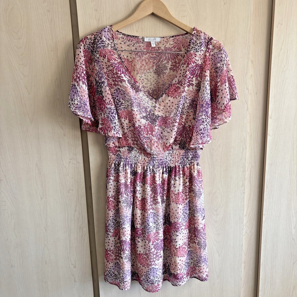 Delia's Semi Sheer‎ Pink Purple Floral Dress Lined Elastic Waist Womens Medium M
